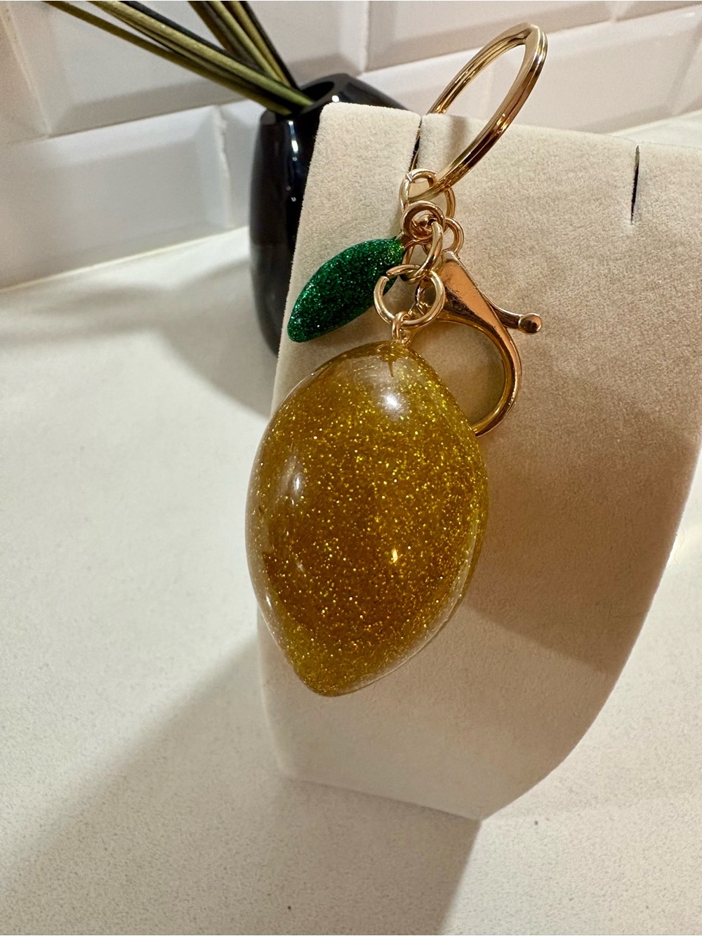 Gold Glitter Lemon Keyring with Green Leaf Accent